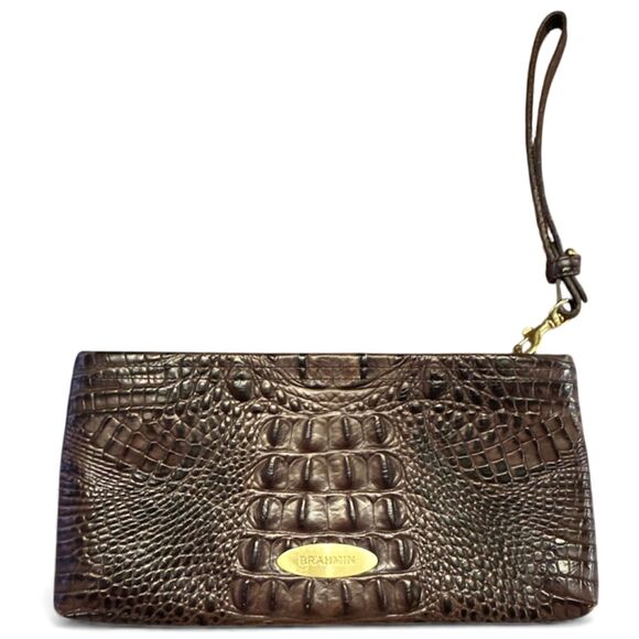 Brahmin Large Wristlet Clutch Purse Croc Embossed Leather Brown Vintage - Picture 1 of 8